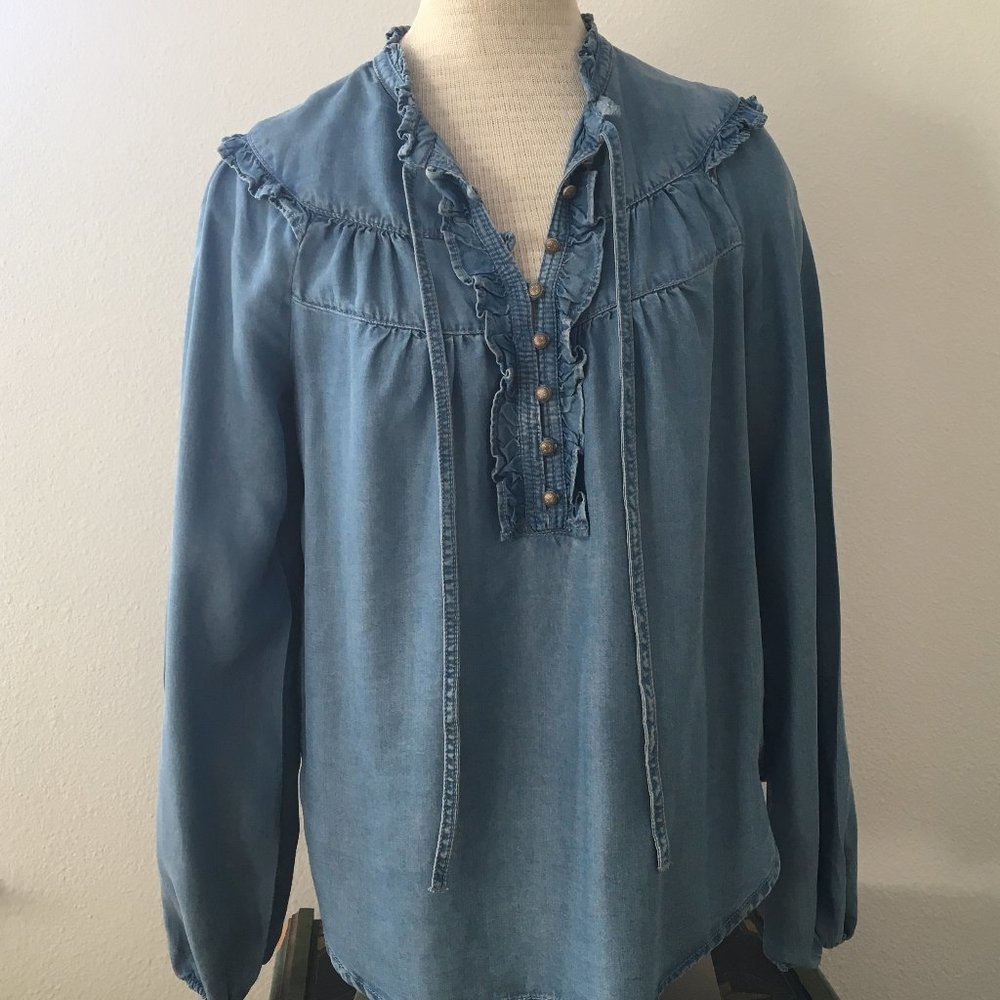 Anthro: Maeve Denim Pilcro Chambray Ruffle Blouse